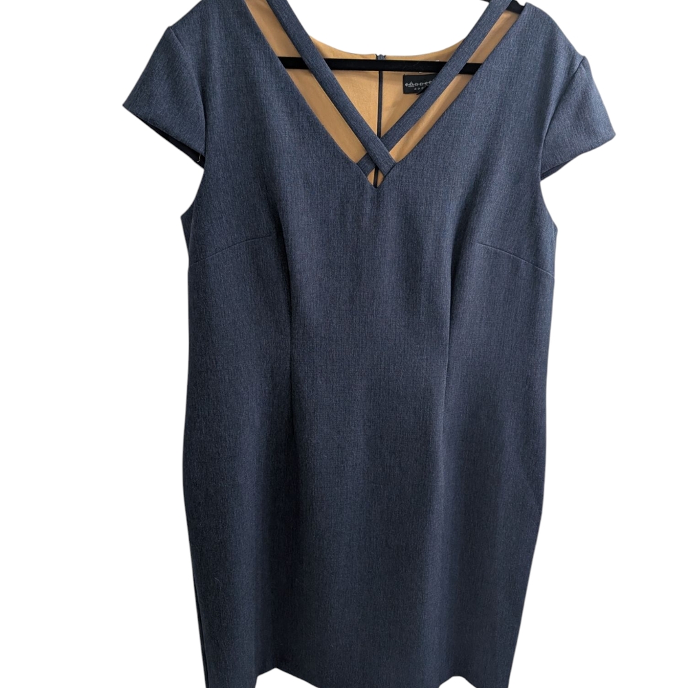 Connected Apparel Blue Tan Sheath Mini Dress V-Neck Cap Sleeve